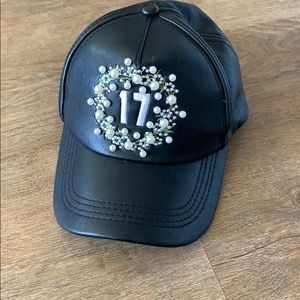 Black Faux Leather Baseball Cap w Pearl Detailing